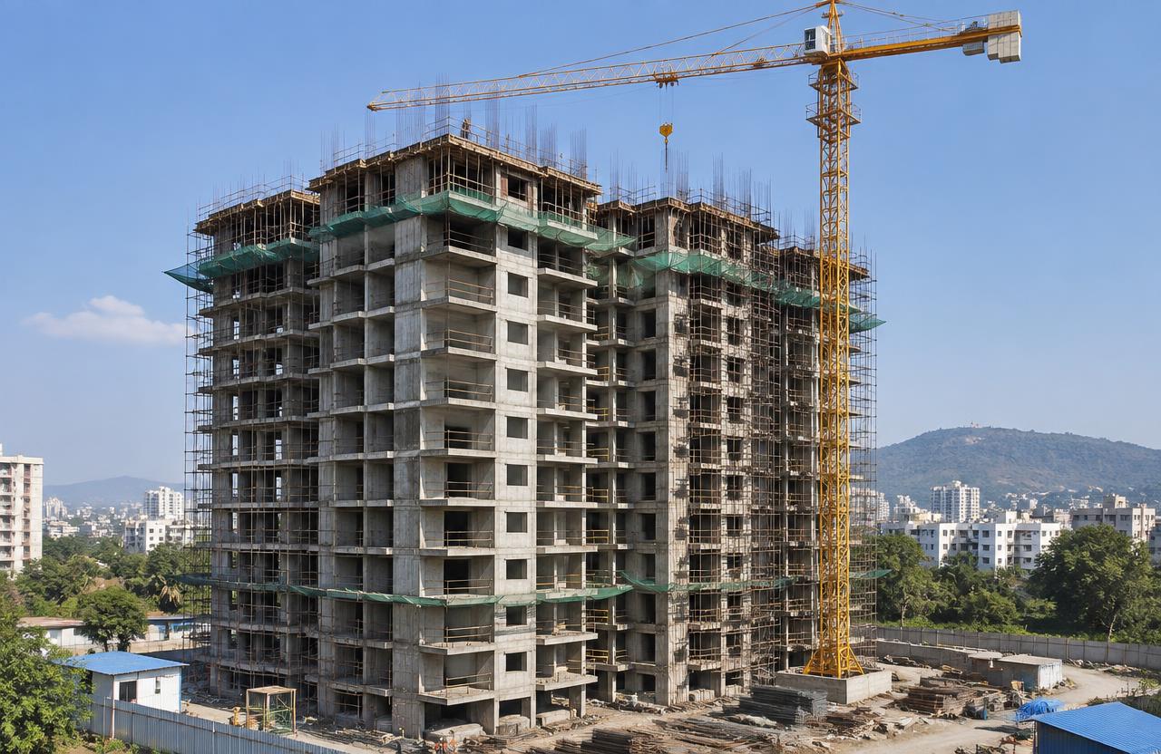 Apartment Building Construction by MumbaiConstructions — 12-storey apartment building RCC frame with tower crane in Mumbai