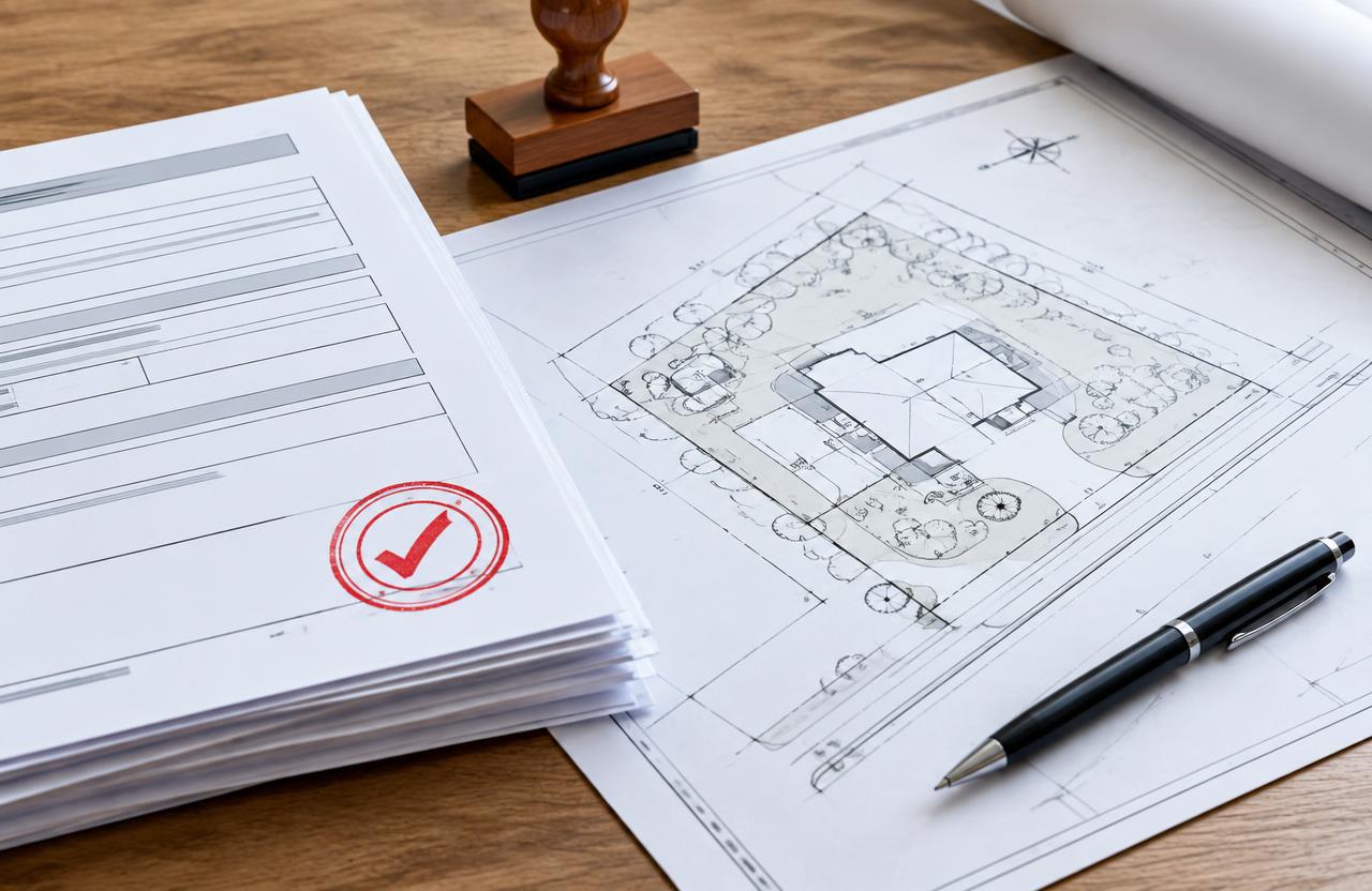 Building permission papers and approved site plan