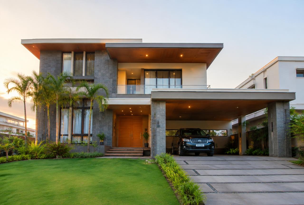Bungalow Construction by MumbaiConstructions — Modern Indian bungalow exterior with stone cladding and car porch