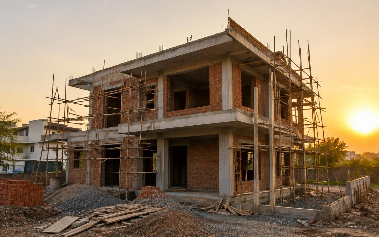 Two-storey bungalow under construction with brick walls and scaffolding in Mumbai