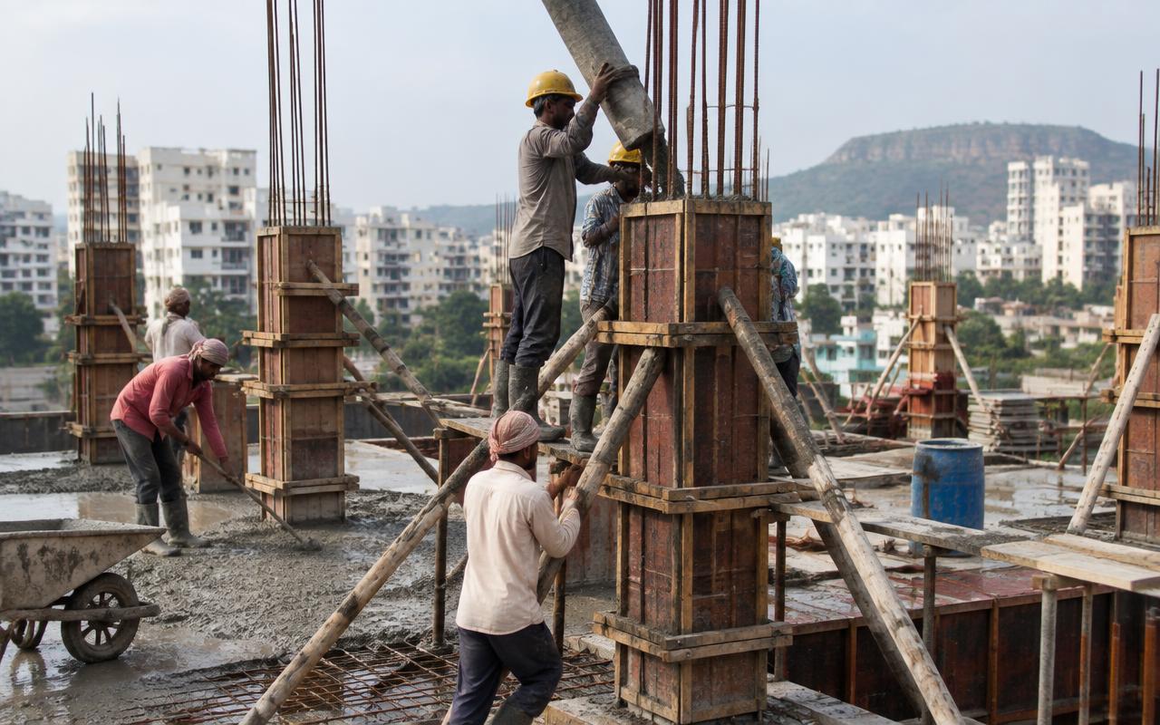 Workers casting RCC columns with formwork on a Mumbai residential site