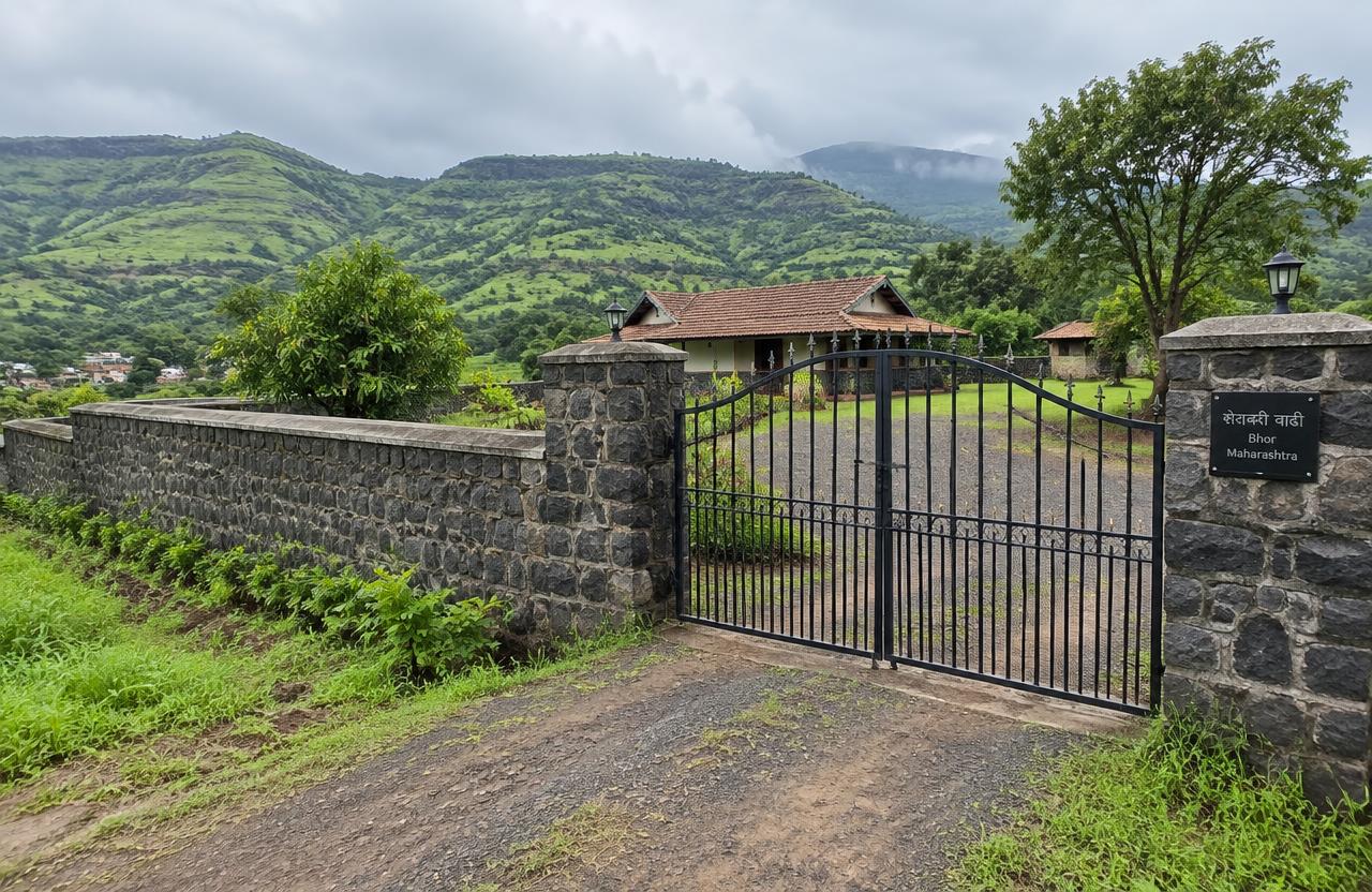 Basalt stone compound wall and gate around a farmhouse in Karjat