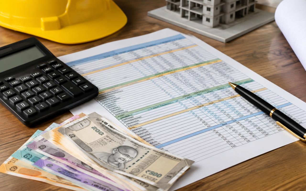 Construction cost estimate BOQ sheet with calculator and rupee notes