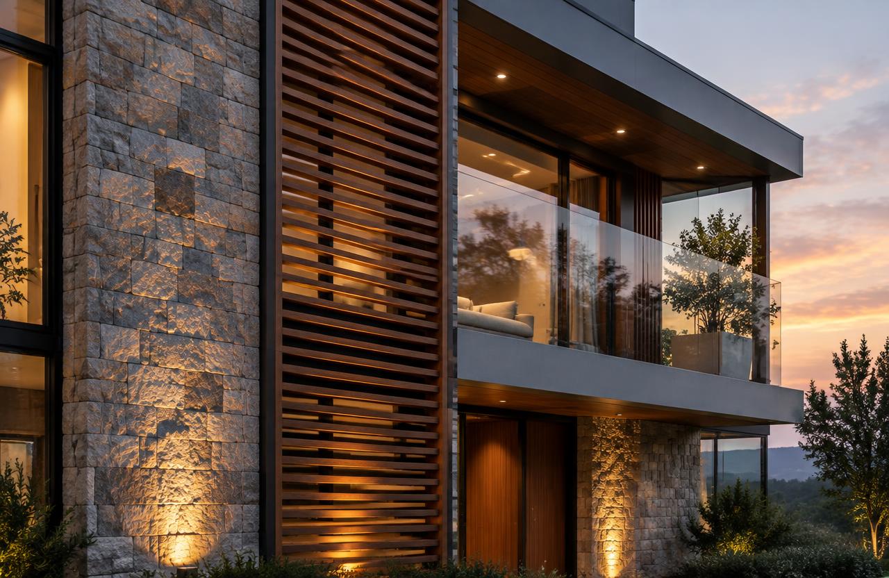 Modern house elevation with stone cladding and wooden louvers