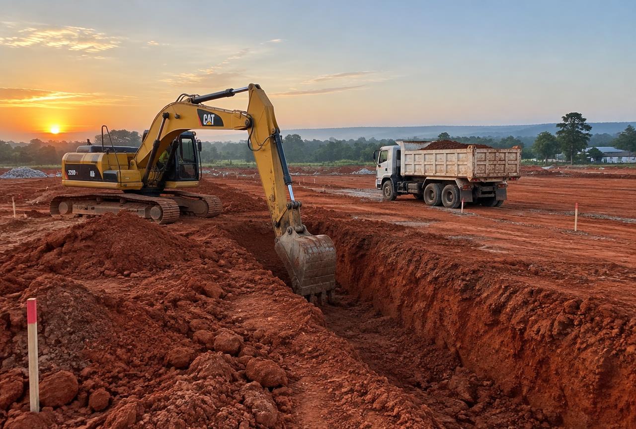 Excavation & Earthwork in Mumbai — Excavator cutting foundation trenches on a cleared plot