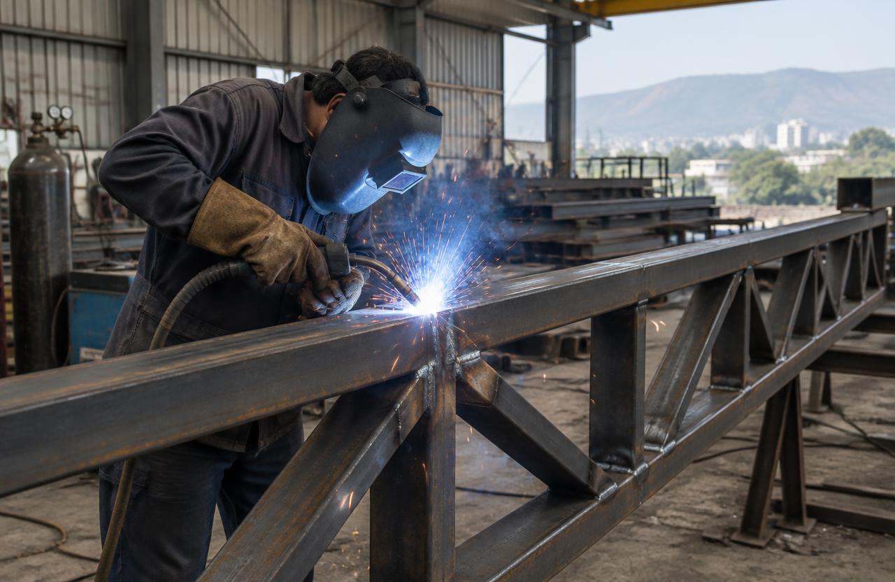 Steel Fabrication Works in Mumbai — Welder fabricating a steel truss in a Mumbai workshop