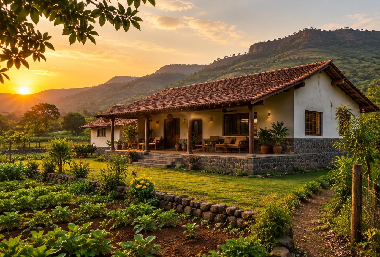 Farmhouse Construction by MumbaiConstructions — Farmhouse with sloping tile roof and stone plinth near the coast