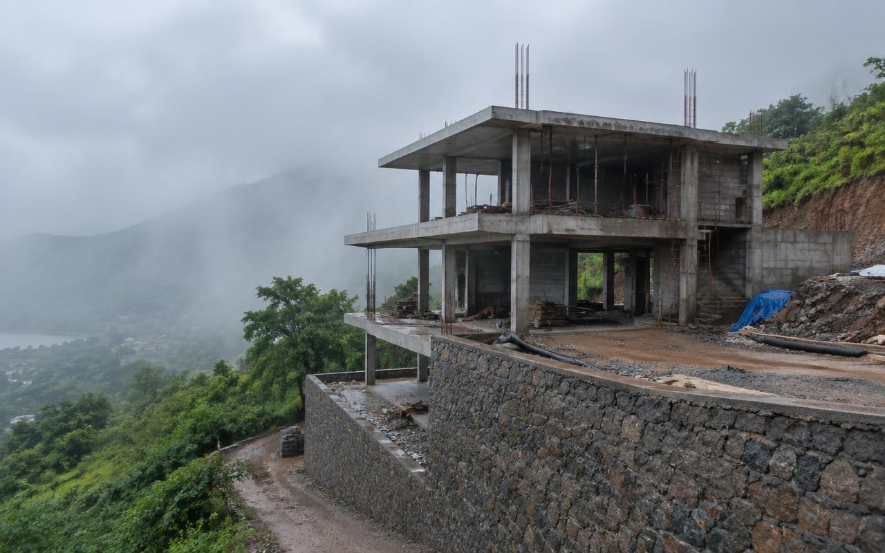 Villa RCC frame and stone retaining wall under construction on a Karjat hill slope