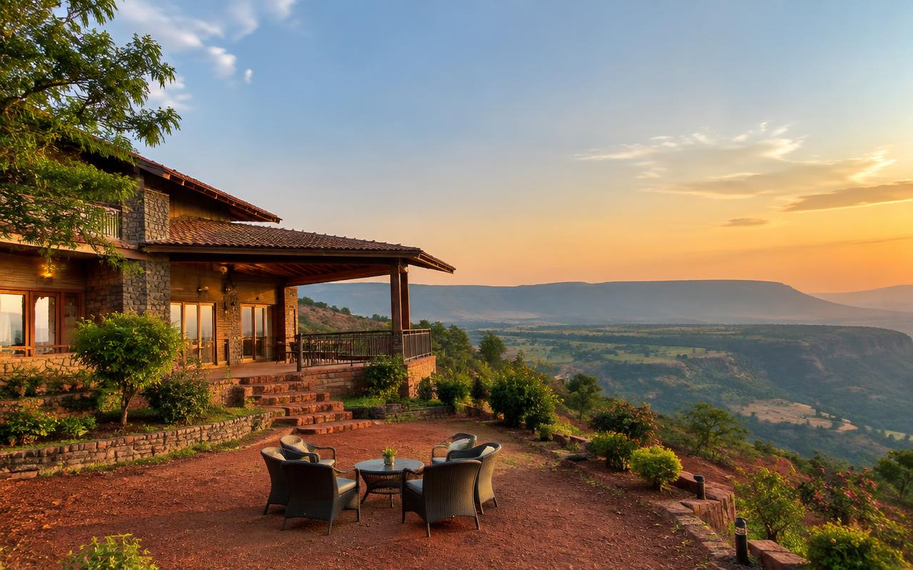 Stone and timber holiday villa overlooking the Konkan coastline