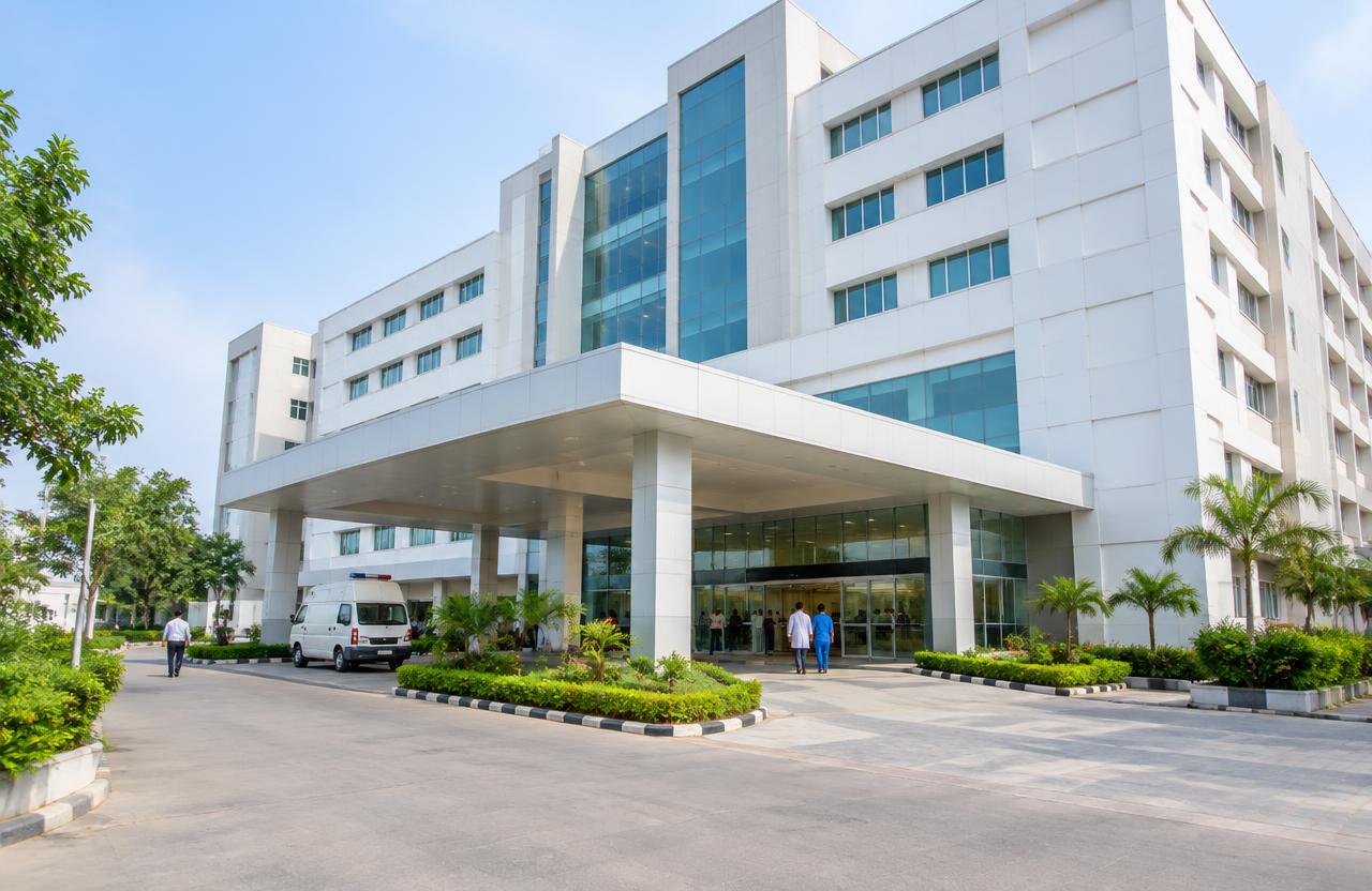 Multi-storey hospital building with entrance canopy