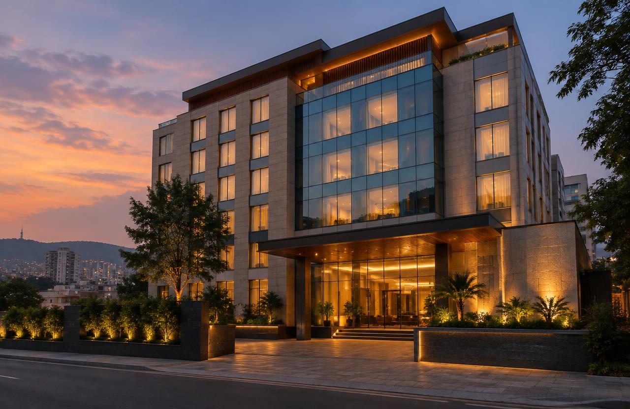 Hotel Construction in Mumbai — Business hotel with glass and stone facade at dusk in Mumbai