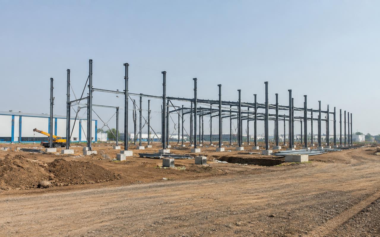 Steel columns erected for a PEB factory shed on an industrial plot near Bhiwandi