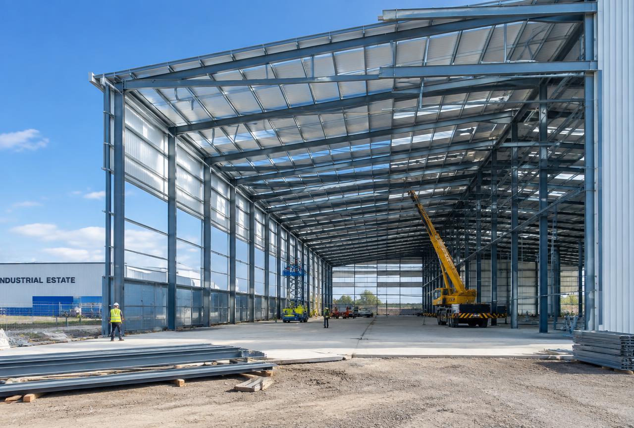 Industrial Shed Construction in Mumbai — Pre-engineered industrial steel shed erection in progress