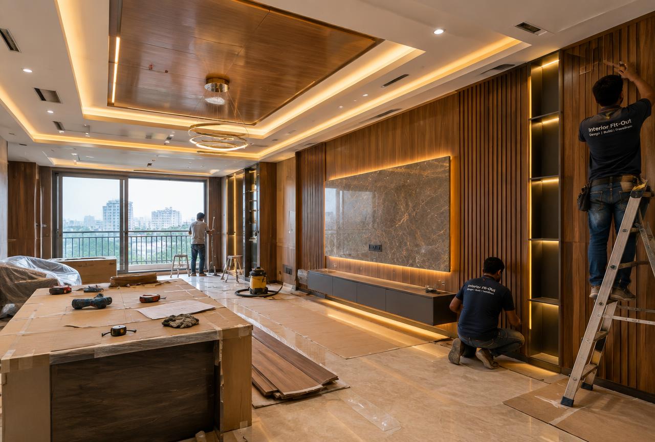 Interior Design & Fit-out by MumbaiConstructions — Premium interior fit-out with veneer panelling and cove lighting