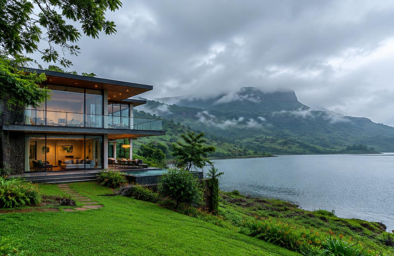 Villa Construction by MumbaiConstructions — Glass-fronted creekside villa in Panvel during the monsoon