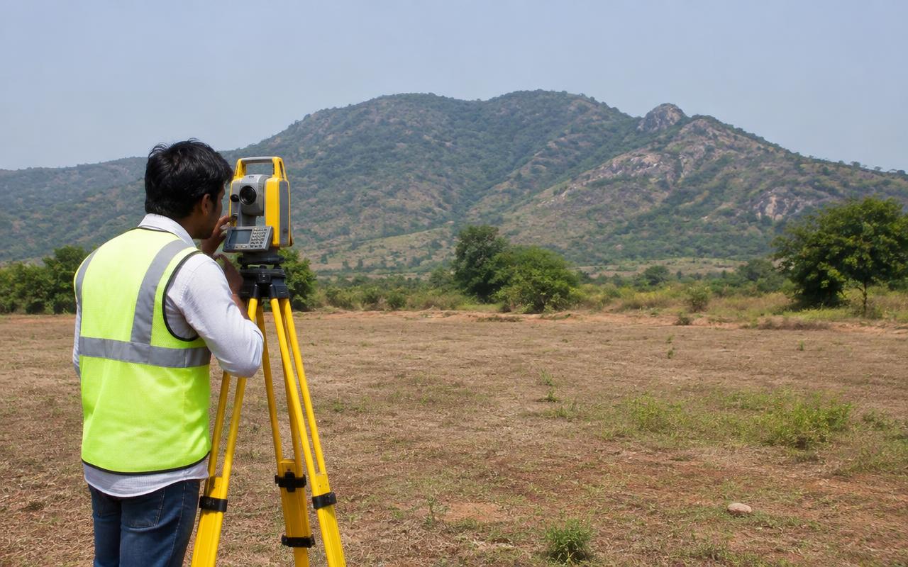 Surveyor using a total station to mark out an empty plot near Mumbai