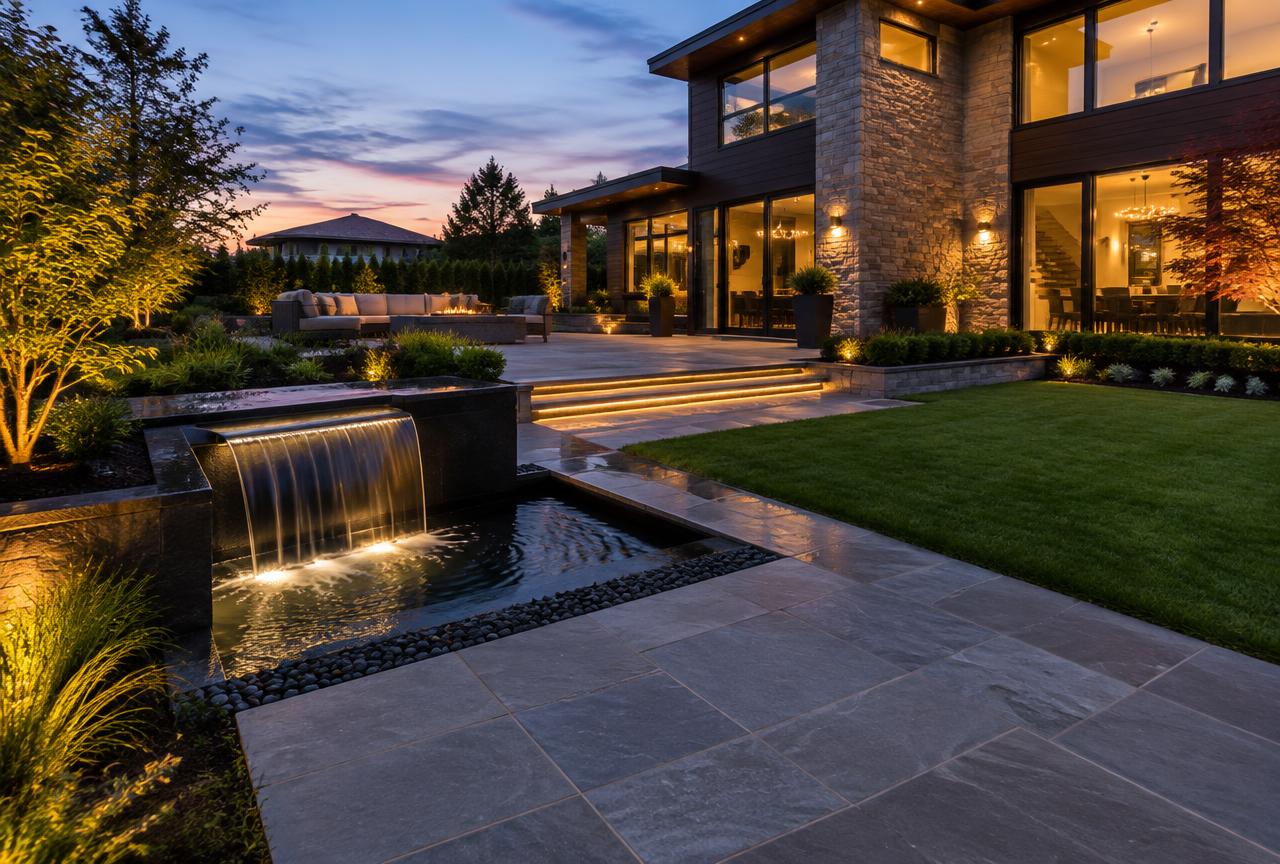 Landscaping & Hardscaping in Mumbai — Hardscaped garden with stone paving and water feature at dusk