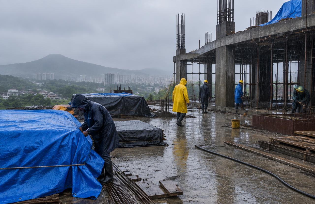 Construction site protected during monsoon rain near Mumbai