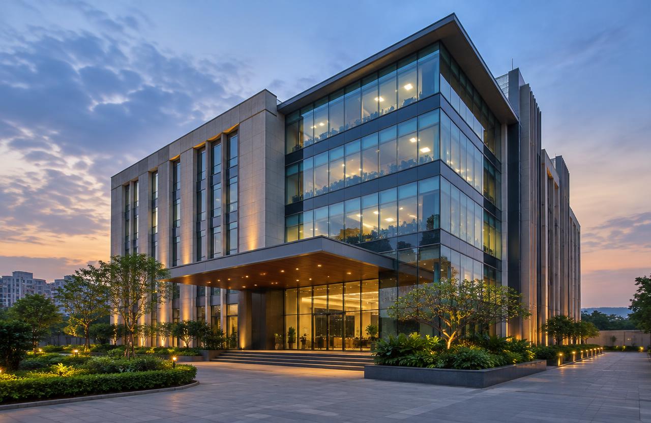 Modern glass and stone office building at dusk in Mumbai