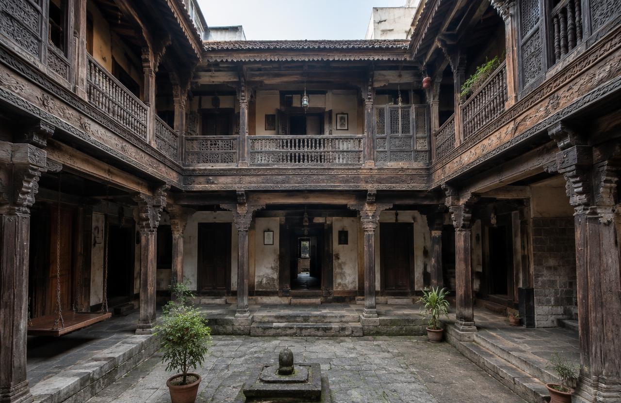 Traditional South Mumbai chawl courtyard with carved wooden balconies