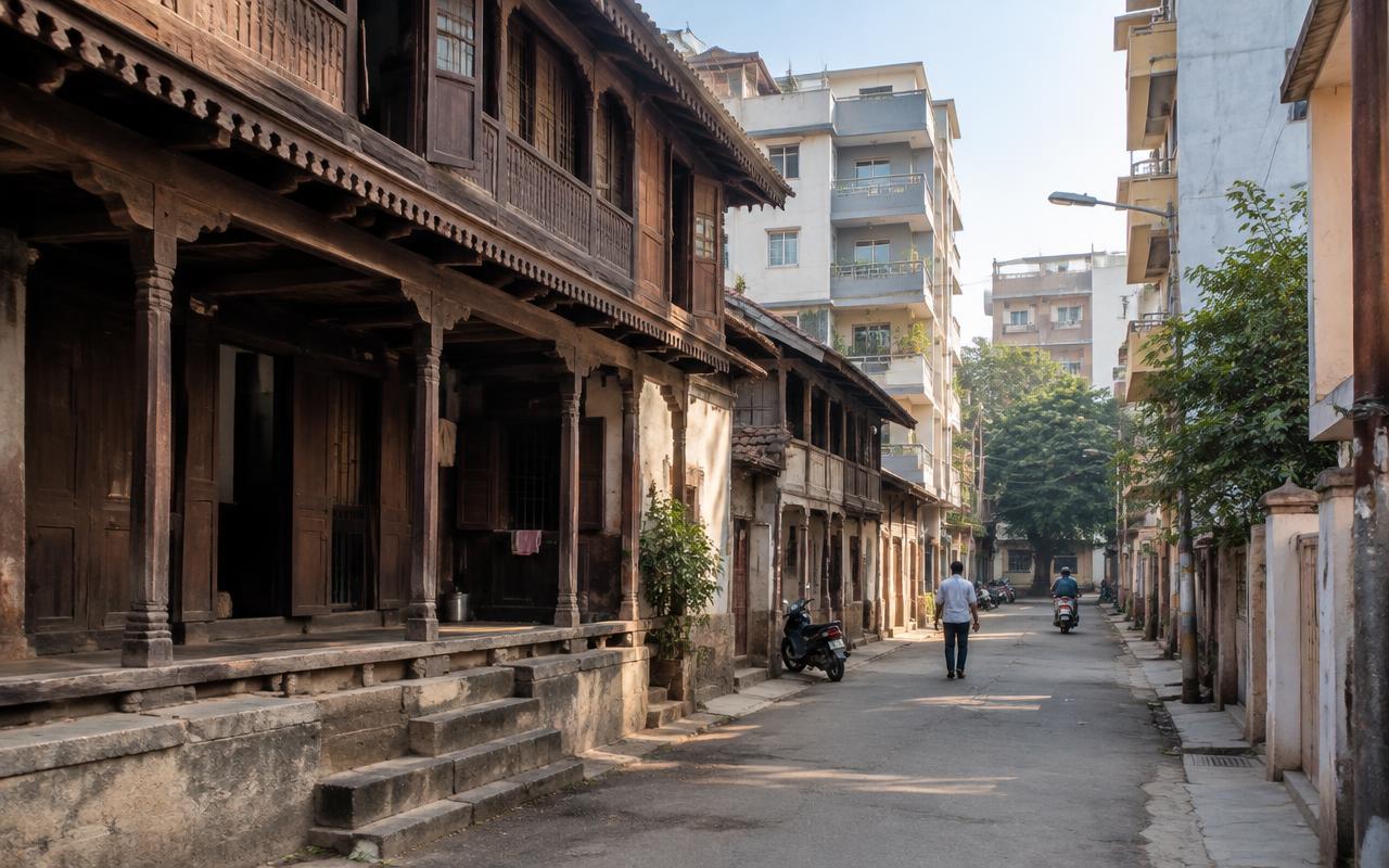 Lane in old South Mumbai with heritage chawls beside new buildings