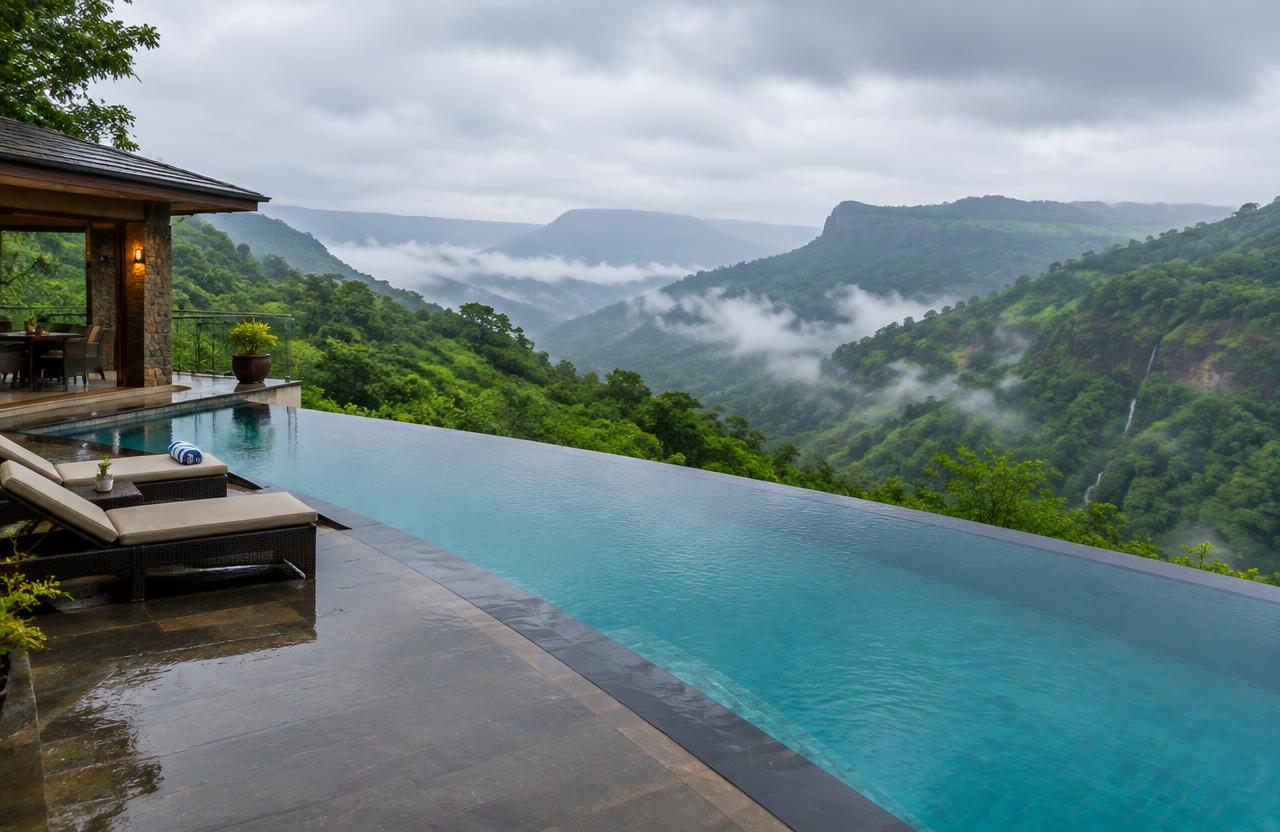 Swimming Pool Construction in Mumbai — Infinity pool at a villa overlooking a Navi Mumbai creek