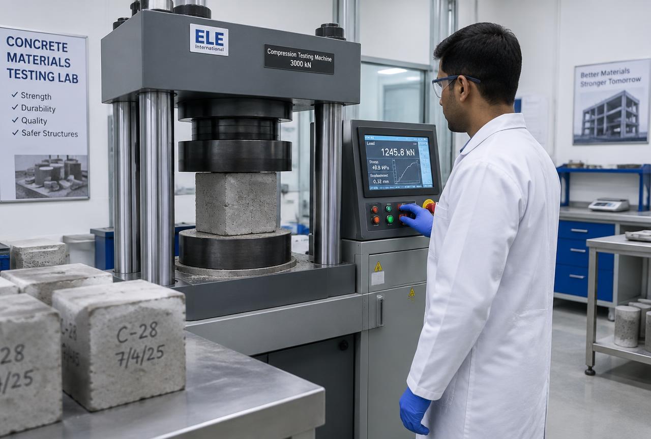 Quality Testing & Audits in Mumbai — Concrete cube compression testing in a materials lab
