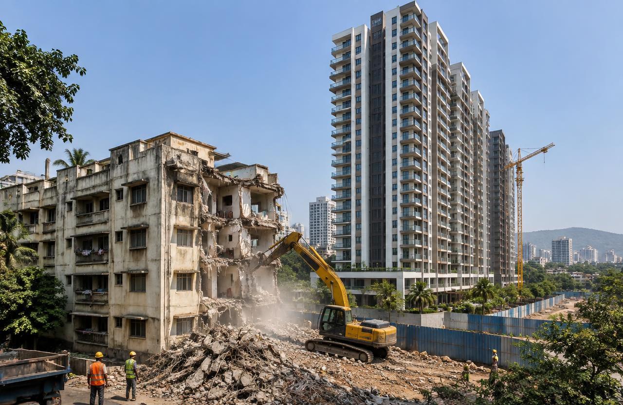 Society Redevelopment by MumbaiConstructions — Old society building demolished beside a new redeveloped tower in Mumbai
