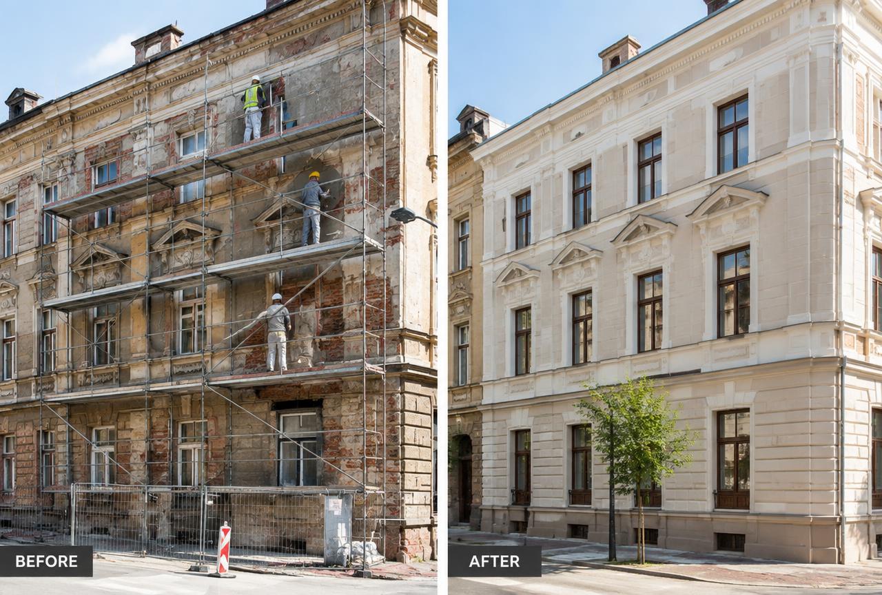 Building renovation and facade restoration with scaffolding — Quality Testing & Audits