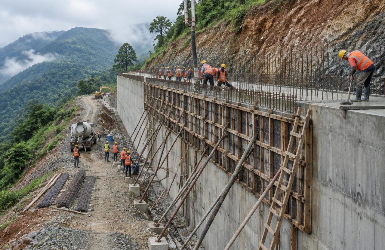 Retaining Wall Construction in Mumbai — RCC retaining wall under construction on a coastal access road