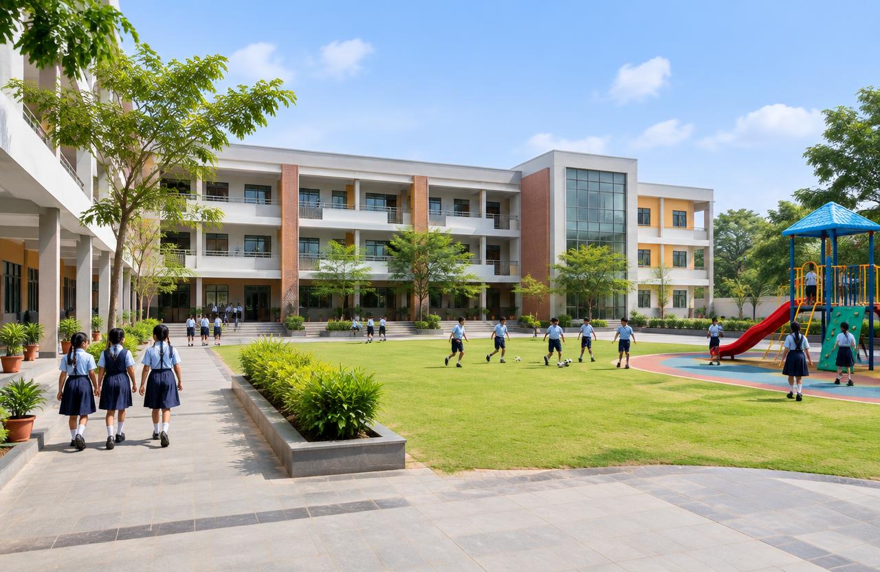 School & College Construction in Mumbai — Modern school building with courtyard and playground