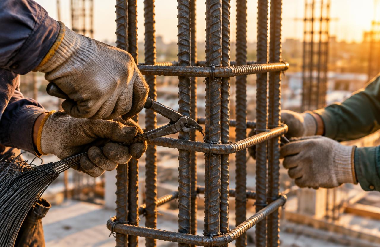 Civil Contractor Services in Mumbai — Workers tying steel rebar for a column cage
