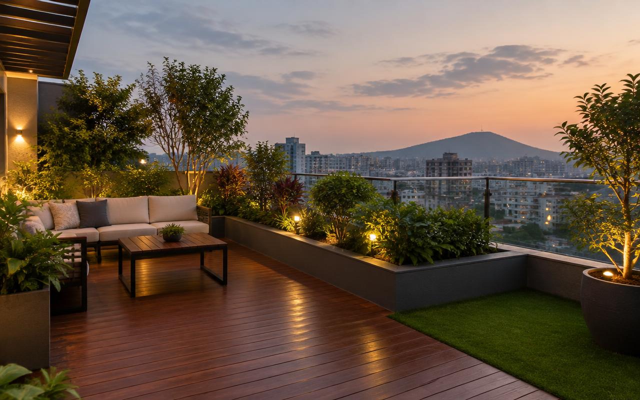 Rooftop terrace garden with timber deck on a Mumbai apartment at dusk
