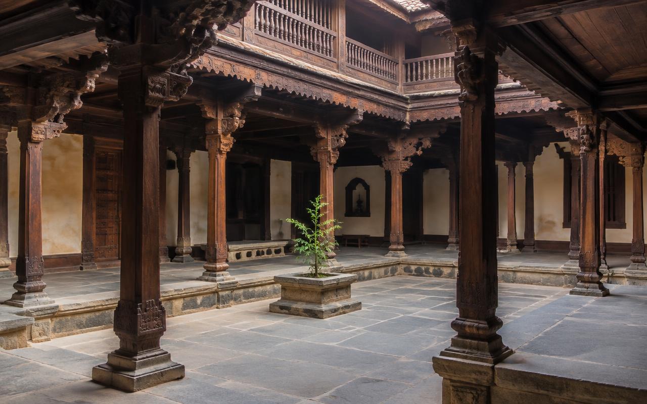 Heritage South Mumbai chawl courtyard with carved teak pillars and brackets