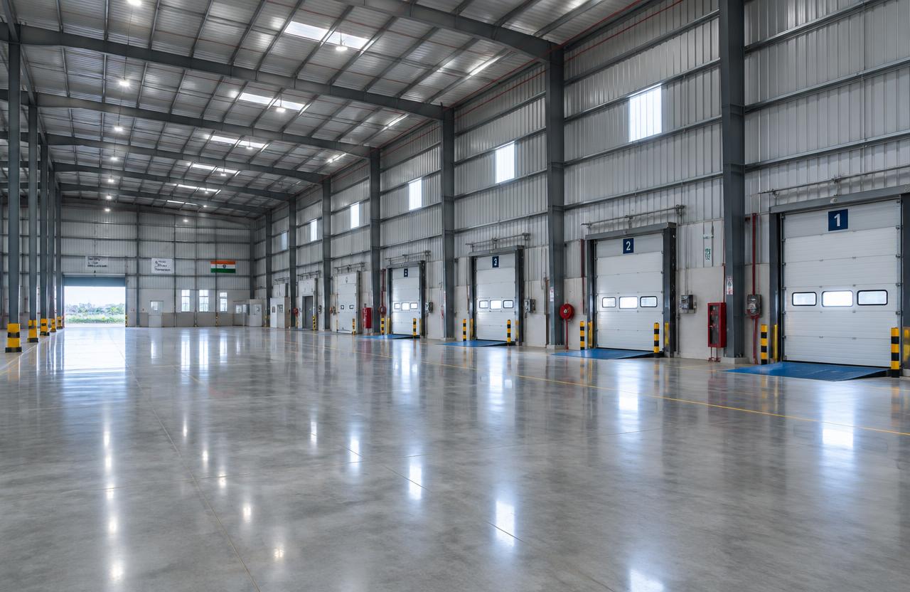 Finished PEB warehouse interior with FM2 floor and dock doors